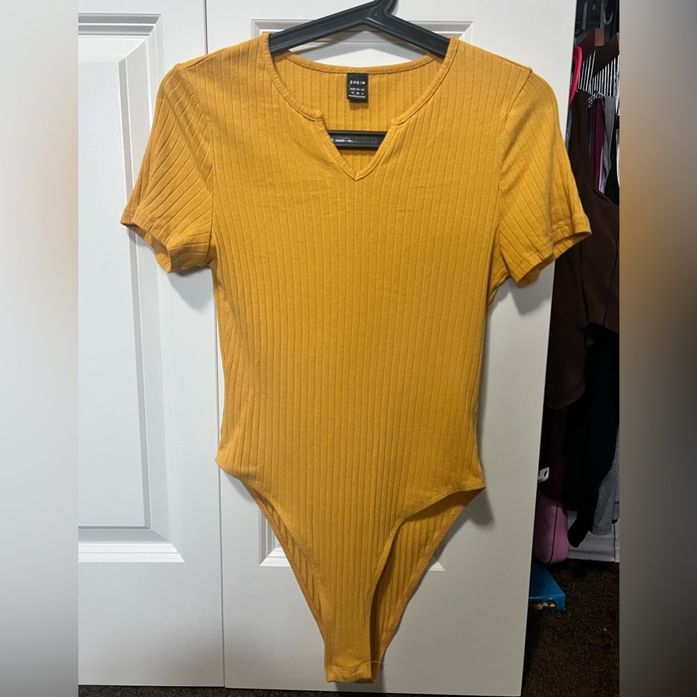 SHEIN Mustard Yellow Ribbed V-Neck Top
